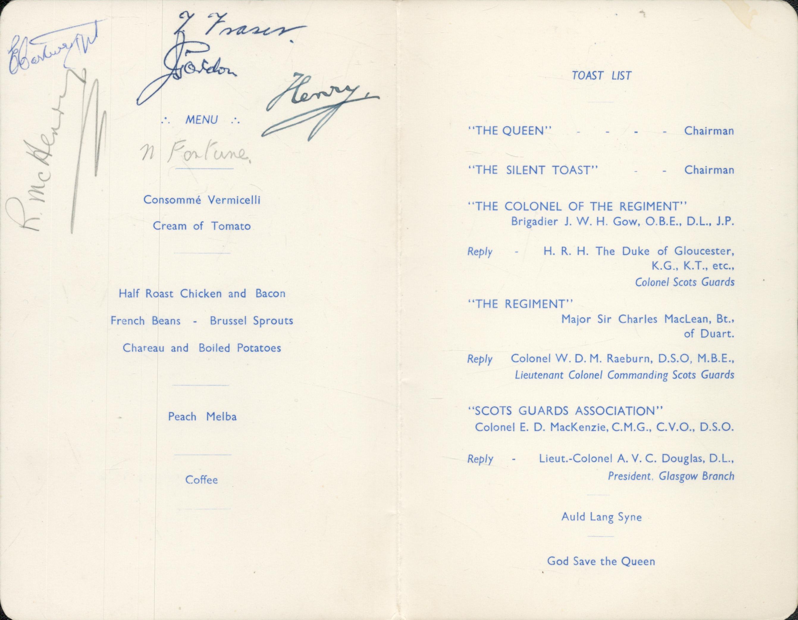 Prince Henry, Duke of Gloucester signed inside 4 page 1958 Scots Guards Association Jubilee Dinner