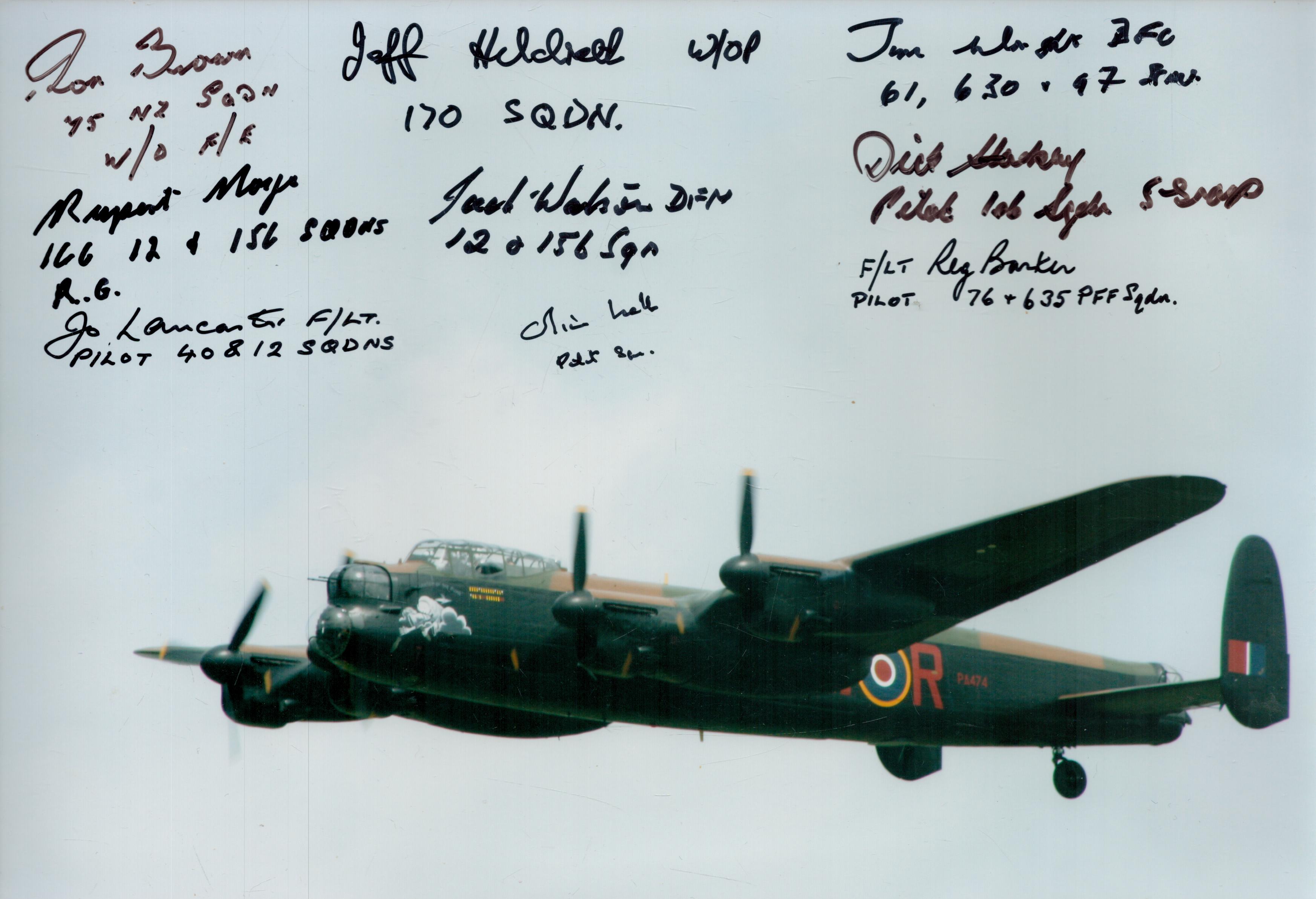 Nine WW2 RAF Lancaster bomber veterans multiple signed Lanc in flight 12 x 8 inch colour photo.