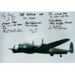 Nine WW2 RAF Lancaster bomber veterans multiple signed Lanc in flight 12 x 8 inch colour photo.