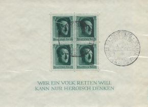 Hitlers 48th Birthday four Adolf Hitler stamps in miniature sheet Inscribed WER EIN VOLK RETTEN WILL