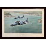 Sea Harrier by Robert Taylor Colour Print signed by the Artist plus Lt Cdr Hugh Slade approx sizes