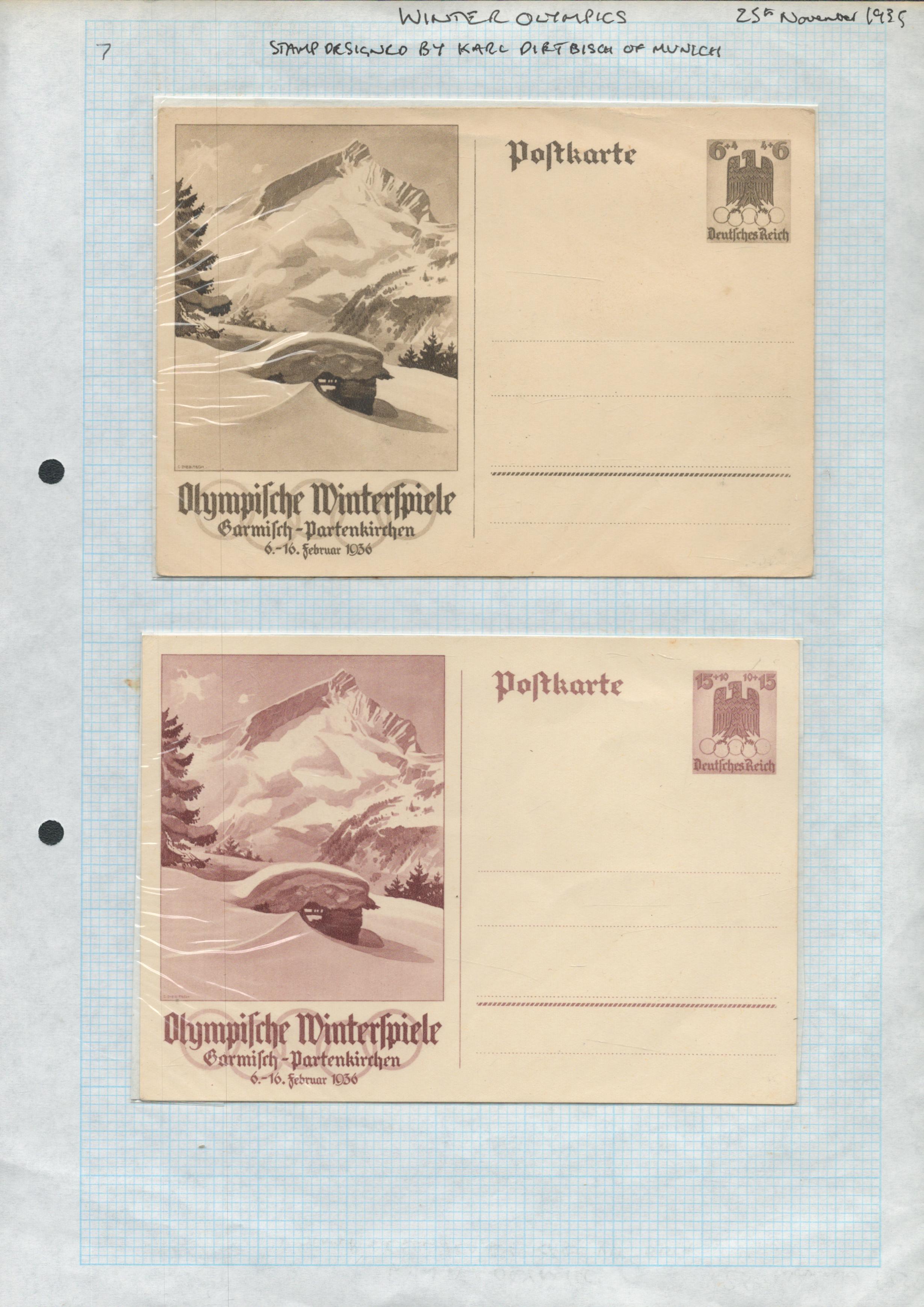 1935 OFFICIAL German TWO POSTCARDs WINTER OLYMPICS Rare Issued on 25th November 1935 these two