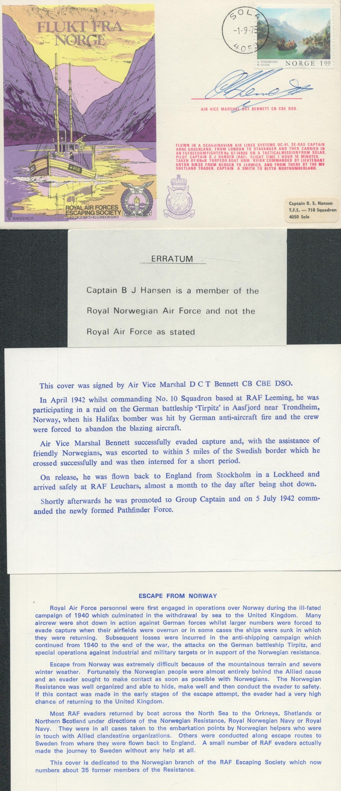 Air Vice Marshal D C T Bennett Signed & Flown Cover Escape from Norway 1st Aug 1975 (RAFES SC11)