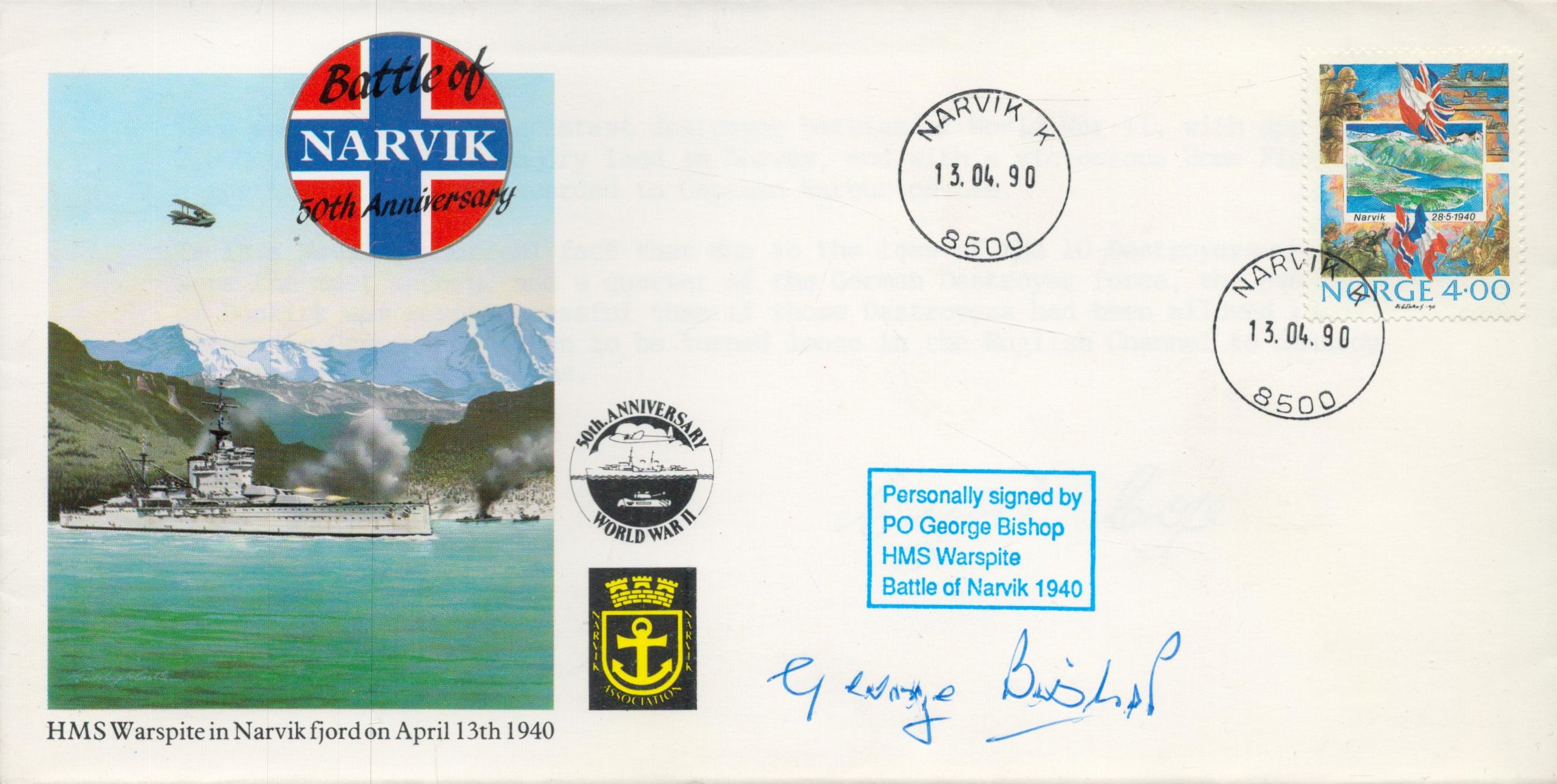 WWII P/O George Bishop HMS Warspite Battle of Narvik 1940 veteran signed 50th Anniversary