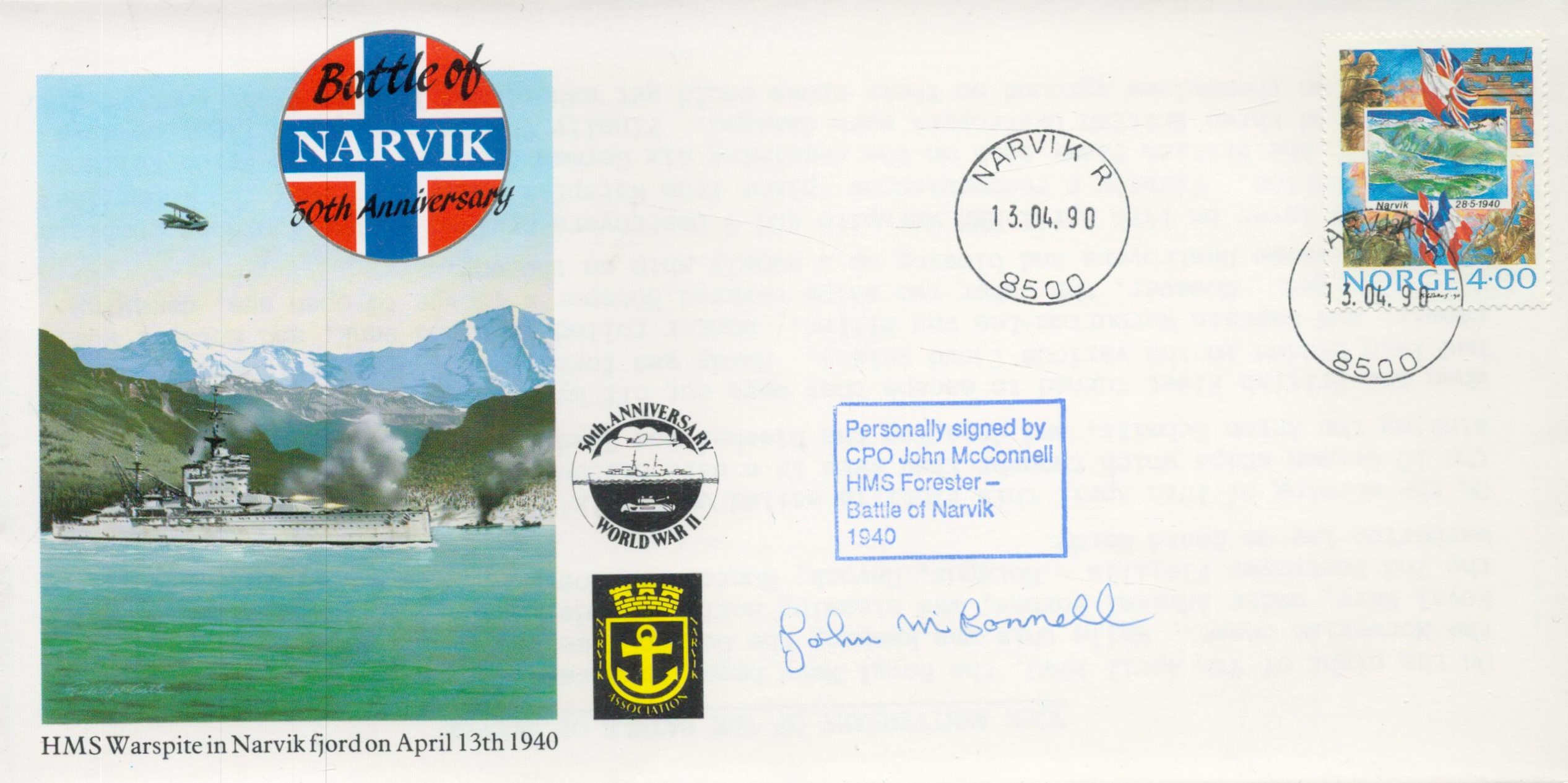 WWII CPO John McConnell HMS Forrester Battle of Narvik 1940 veteran signed 50th Anniversary