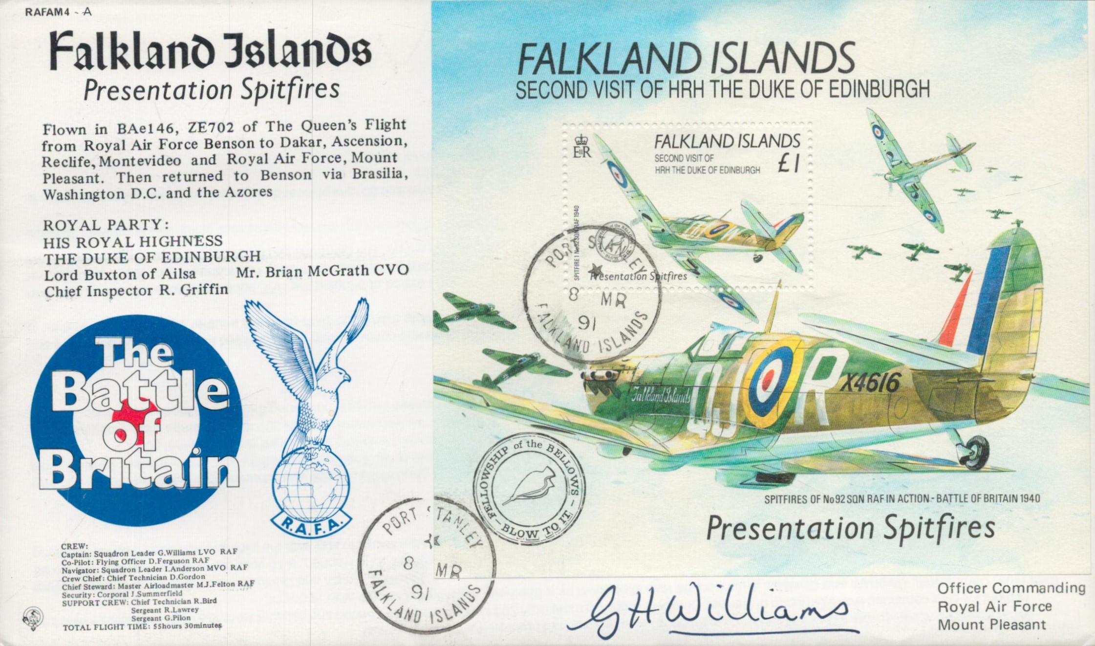 Captain Squadron Leader G. H. Williams signed Falkland Islands Presentation Spitfires FDC (RAFAM