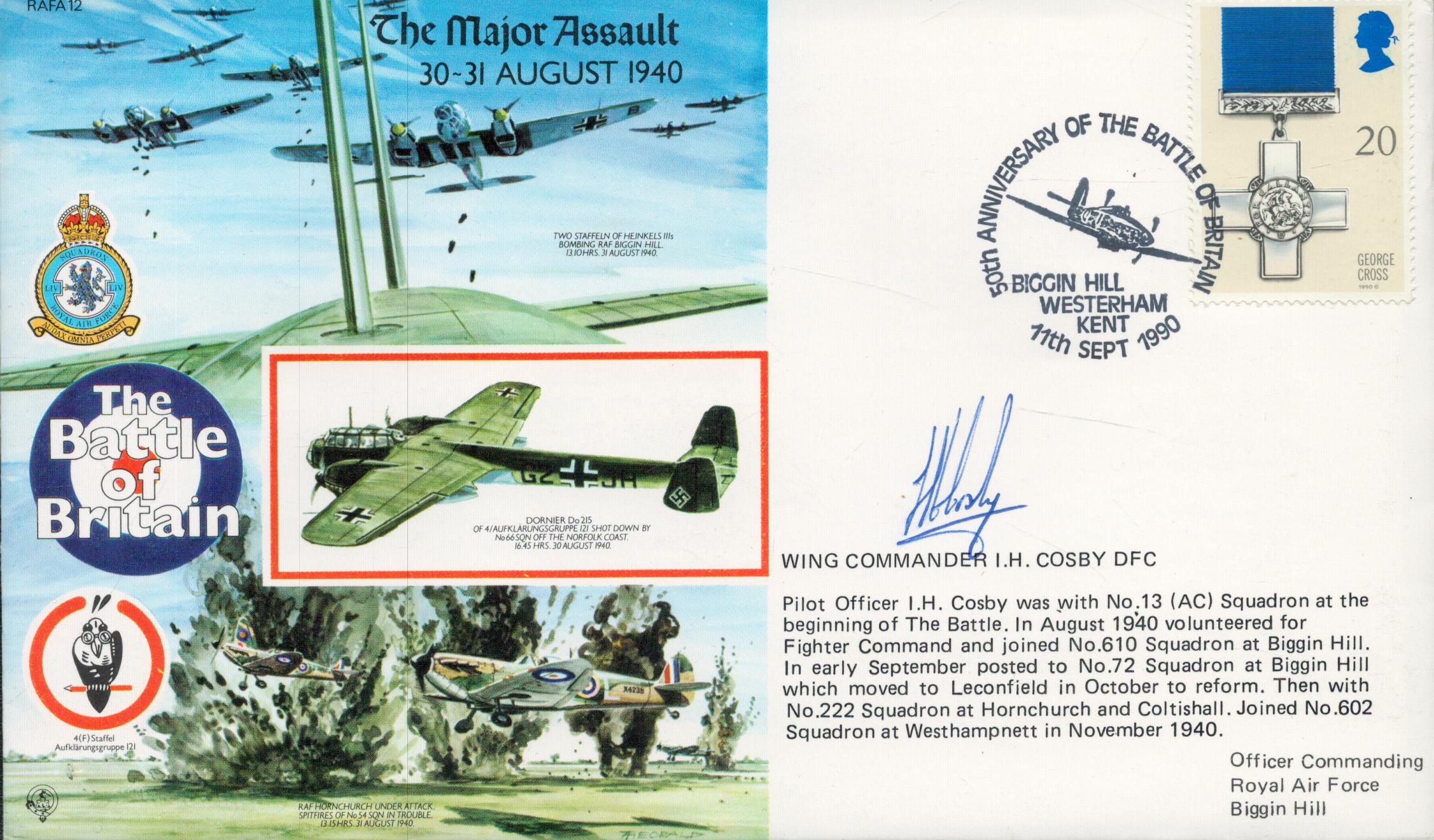 WWII Wing Commander I. H Cosby DFC signed Battle of Britain The Major Assault 30-31 August 1940