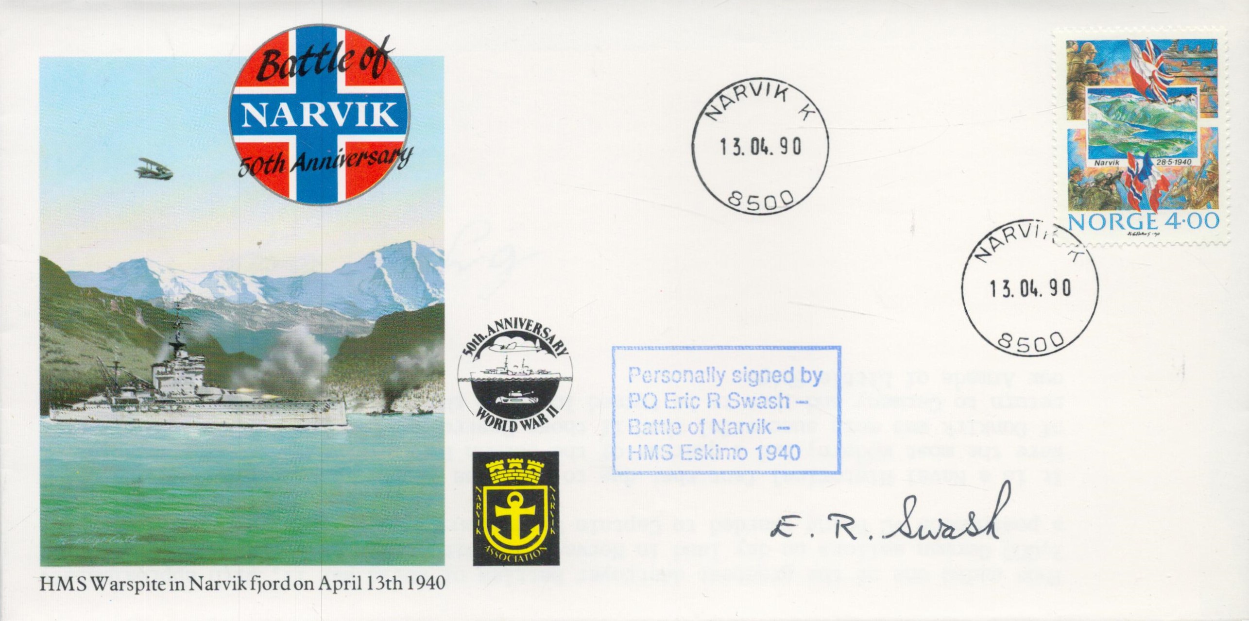 WWII P/O Eric R Swash HMS Eskimo Battle of Narvik 1940 veteran signed 50th Anniversary commerative