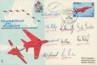 Red Arrows full team signed 1975, 10th ann scarce flown RAF WW2 Air Display cover. Good condition