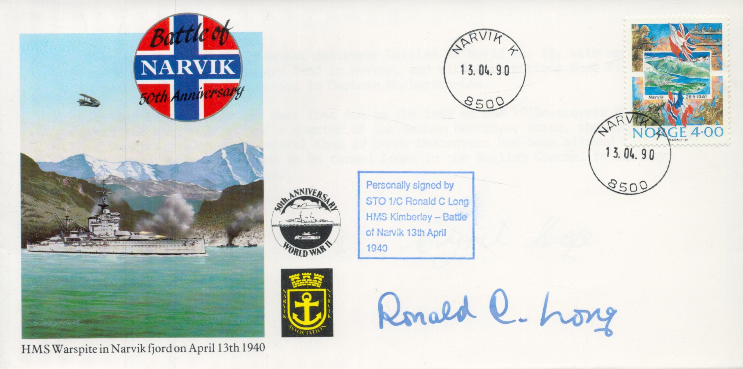 WWII STO 1/C Ronald C Long HMS Kimberley Battle of Narvik 1940 veteran signed 50th Anniversary