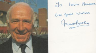 Sir Matt Busby signed 6x4 inch photo card. Dedicated. Good Condition. All autographs come with a
