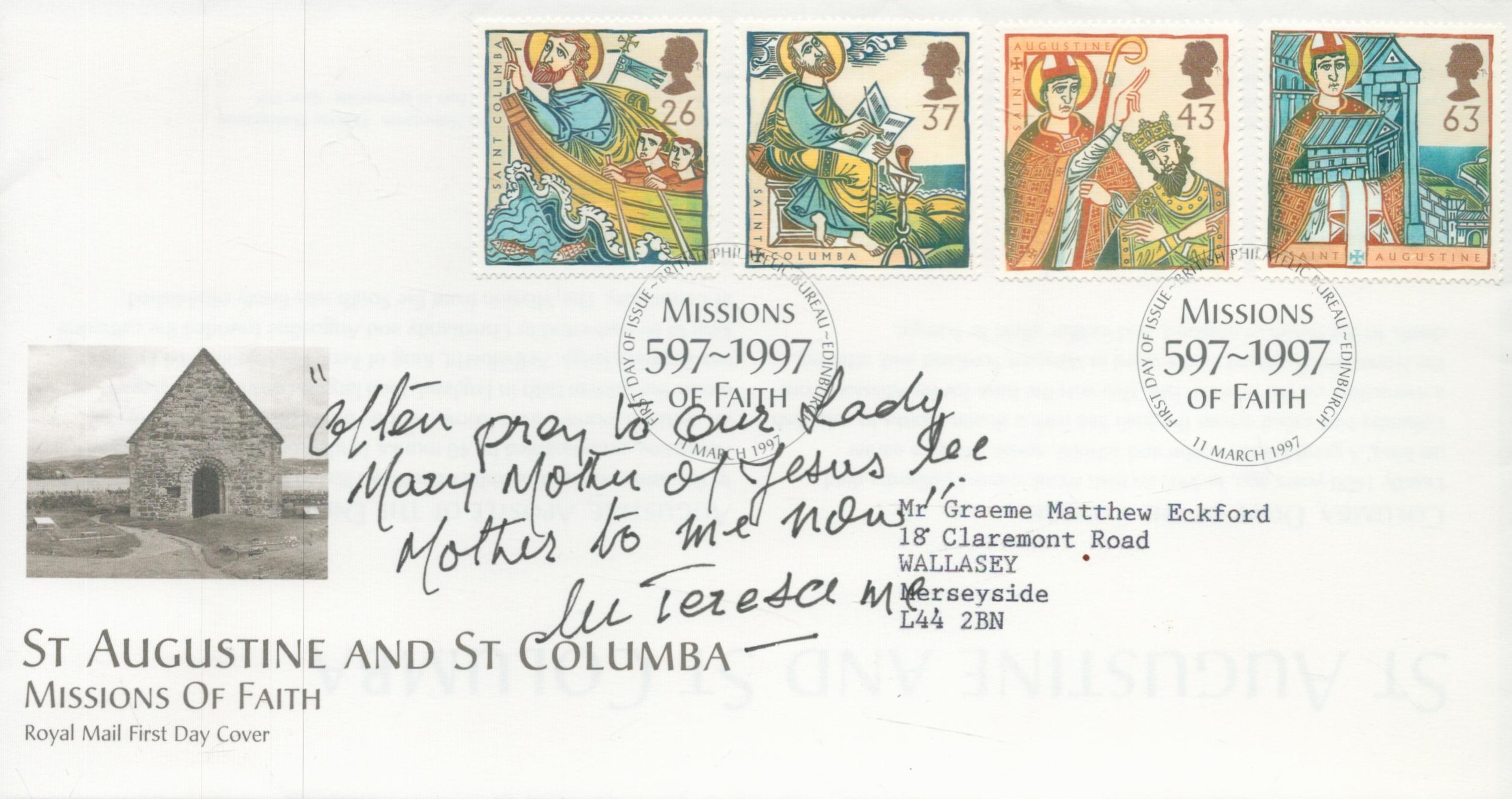 Mother Teresa signed St Augustine and St Columba FDC with inscribed message. 4 stamps and 2