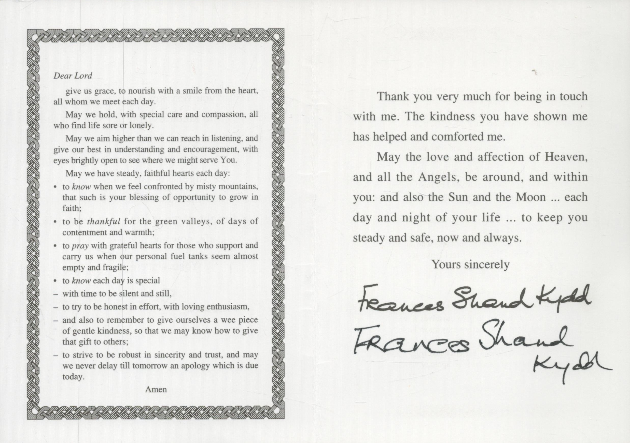 Frances Shand Kydd signed Diana Princess of Wales 1961-1997 Prayer card. Good Condition. All