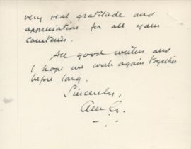 Alec Guinness signed 5x4 inch note on headed card addressed to the Director Ted Sturgis. Taken