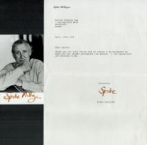 Spike Milligan signed 6x4 inch black and white photo with accompanying office letter. Good