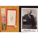 Dwight D Eisenhower signed 7x5 inch black and white photo with original mailing envelope. Good