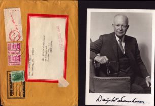 Dwight D Eisenhower signed 7x5 inch black and white photo with original mailing envelope. Good
