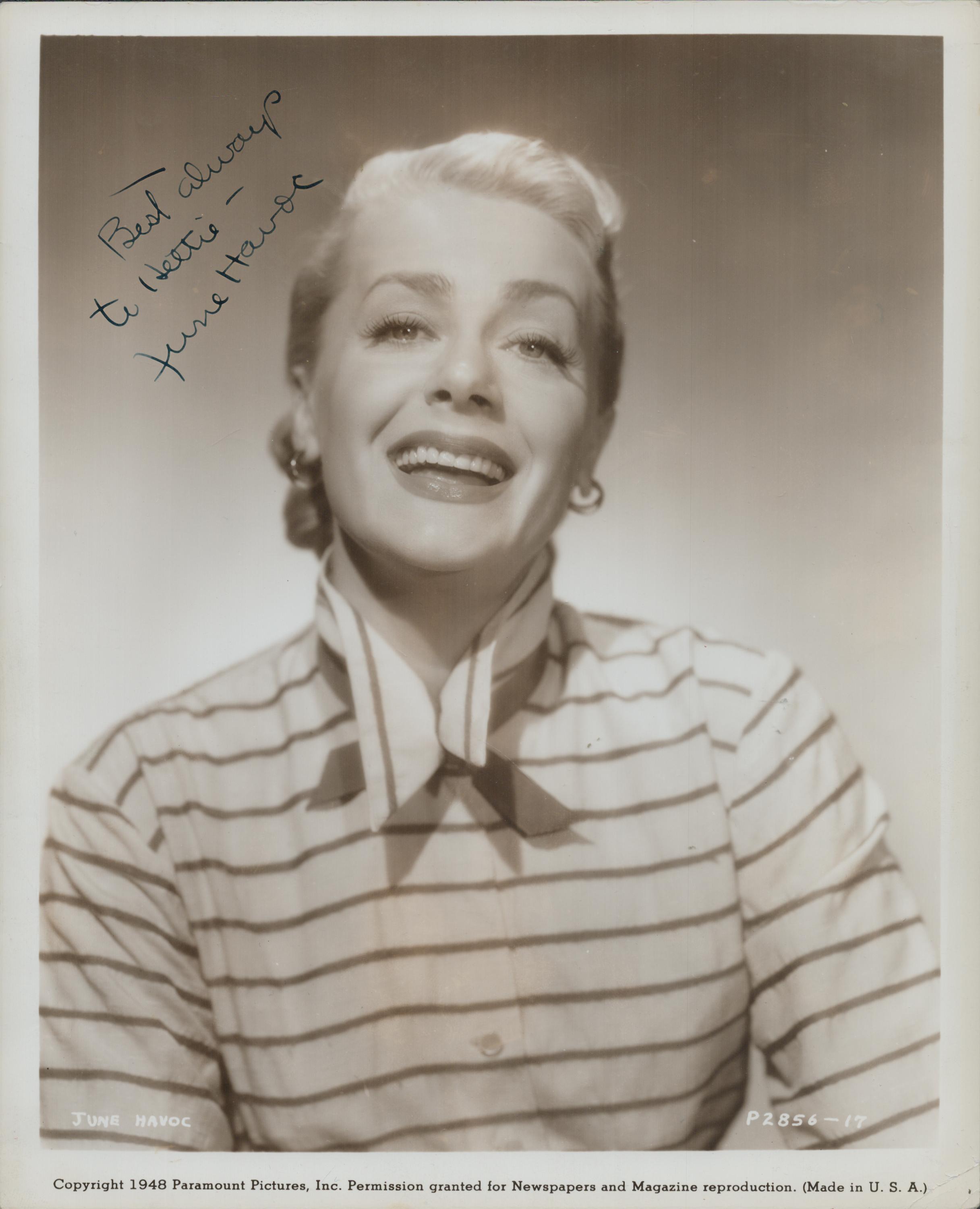 June Havoc signed 10x8 inch black and white Paramount pictures promo photo. Good Condition. All