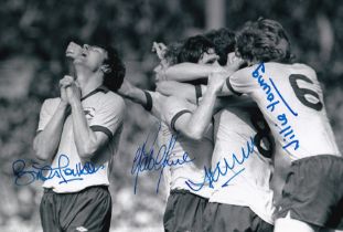 Autographed ARSENAL 1979 12 x 8 Photo : B/W, depicting ALAN SUNDERLAND being mobbed by delerious
