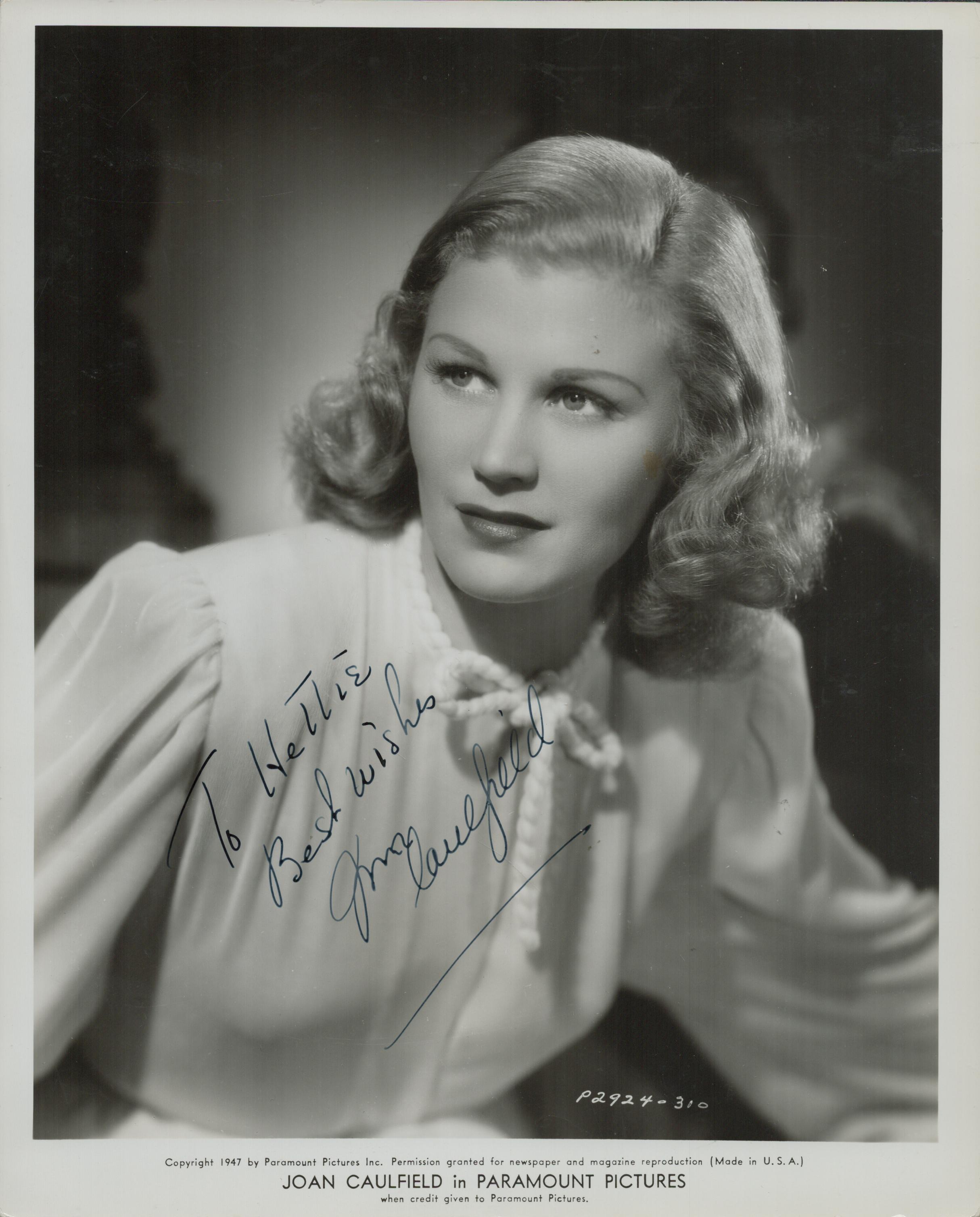 Joan Caulfield signed 10x8 inch black and white paramount pictures promo photo. Good Condition.