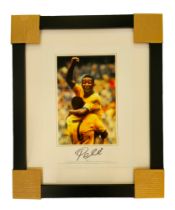 Pele signed coloured print housed in frame overall size 23x18inches. Pictured celebrating 1970 World