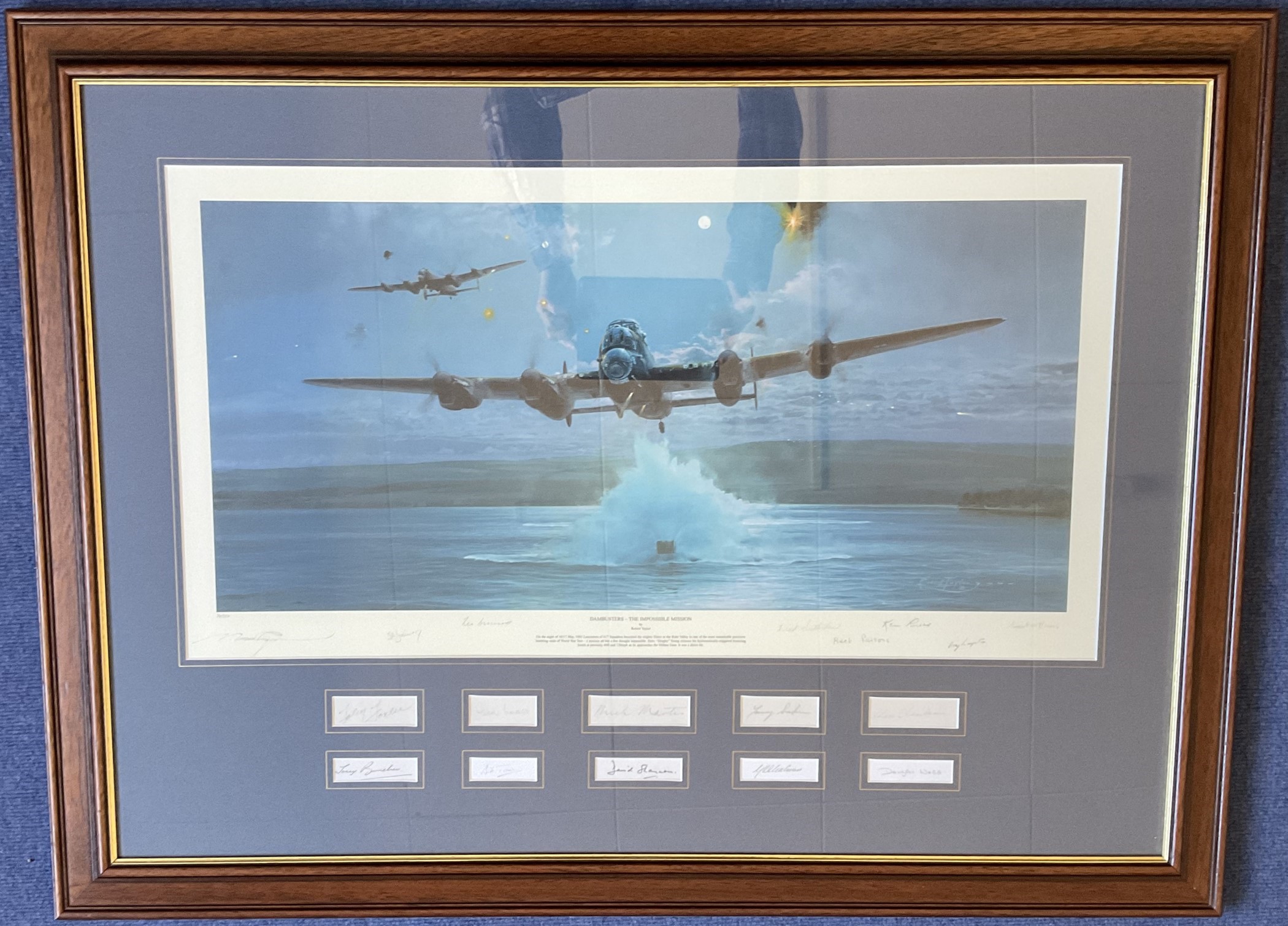 RARE WWII Dambusters 617 squadron multi signed 32x43 inch framed and matted print titled the