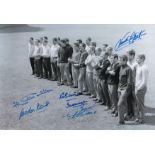 Autographed ENGLAND 1966 12 x 8 Photo : B/W, depicting England's squad of players posing for