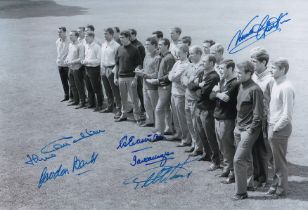 Autographed ENGLAND 1966 12 x 8 Photo : B/W, depicting England's squad of players posing for