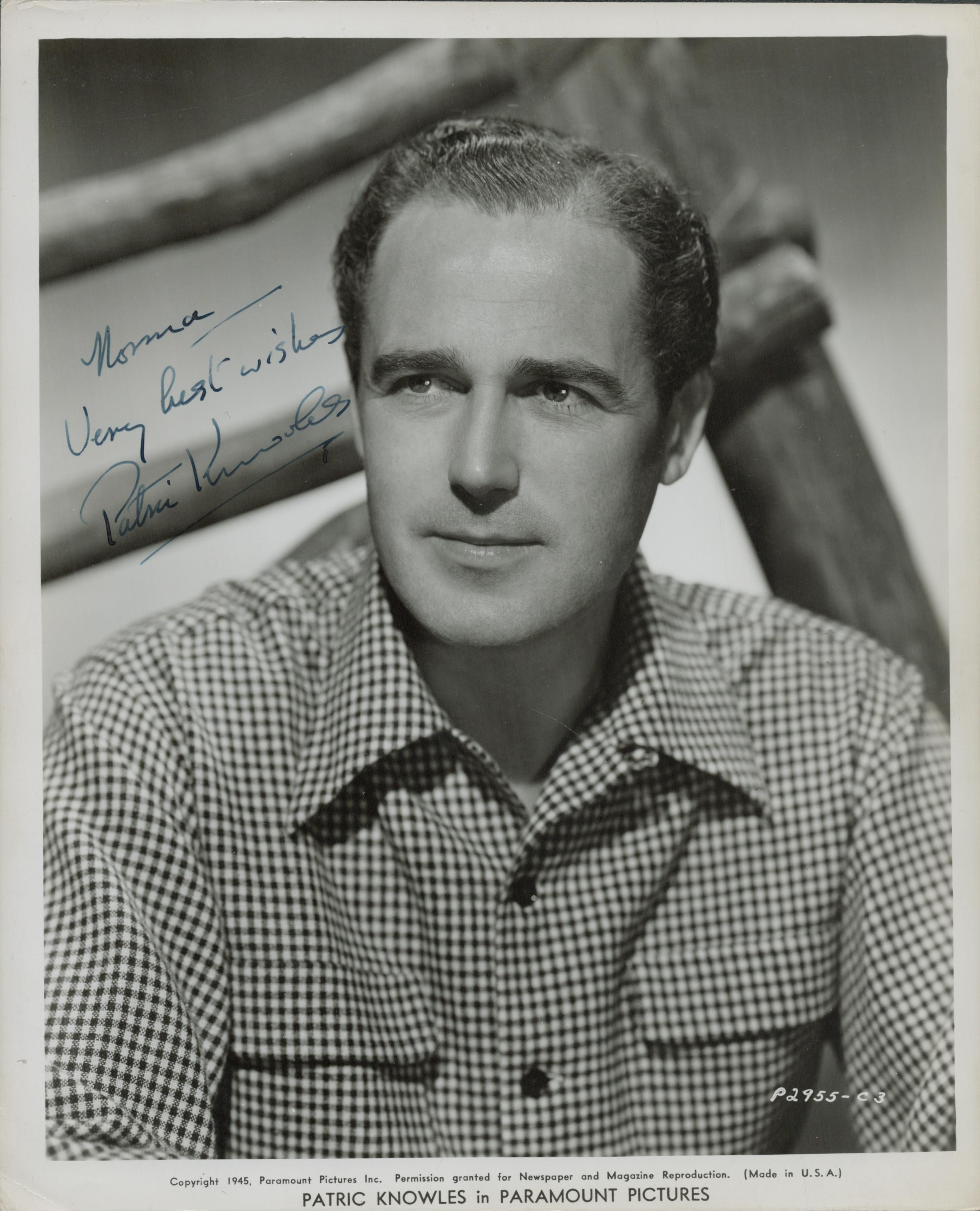 Patric Knowles signed 10x8 inch black and white Paramount pictures promo photo. Dedicated. Good