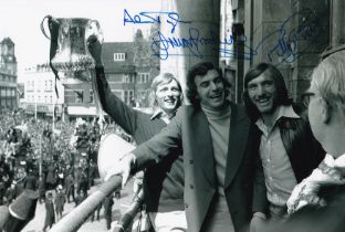 Autographed WEST HAM UNITED 1975 12 x 8 Photo : B/W, depicting ALAN TAYLOR, TREVOR BROOKING and