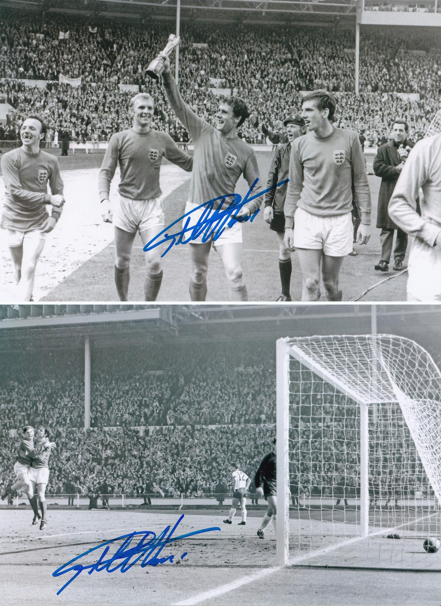 Autographed GEOFF HURST 1966 12 x 8 Photos : A pair of b/w photos depicting England's hero of the