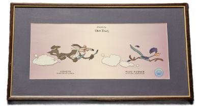 Chuck Jones 30x17 inch Original framed and mounted Coyote and Road Runner cell illustration with