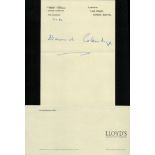 David Coleridge signed Lloyds of London headed note date 7.1.91. Good Condition. All autographs come