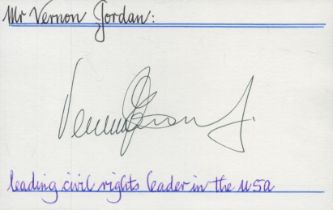 Vernon Jordan signed 6x4 inch white card. Good Condition. All autographs come with a Certificate