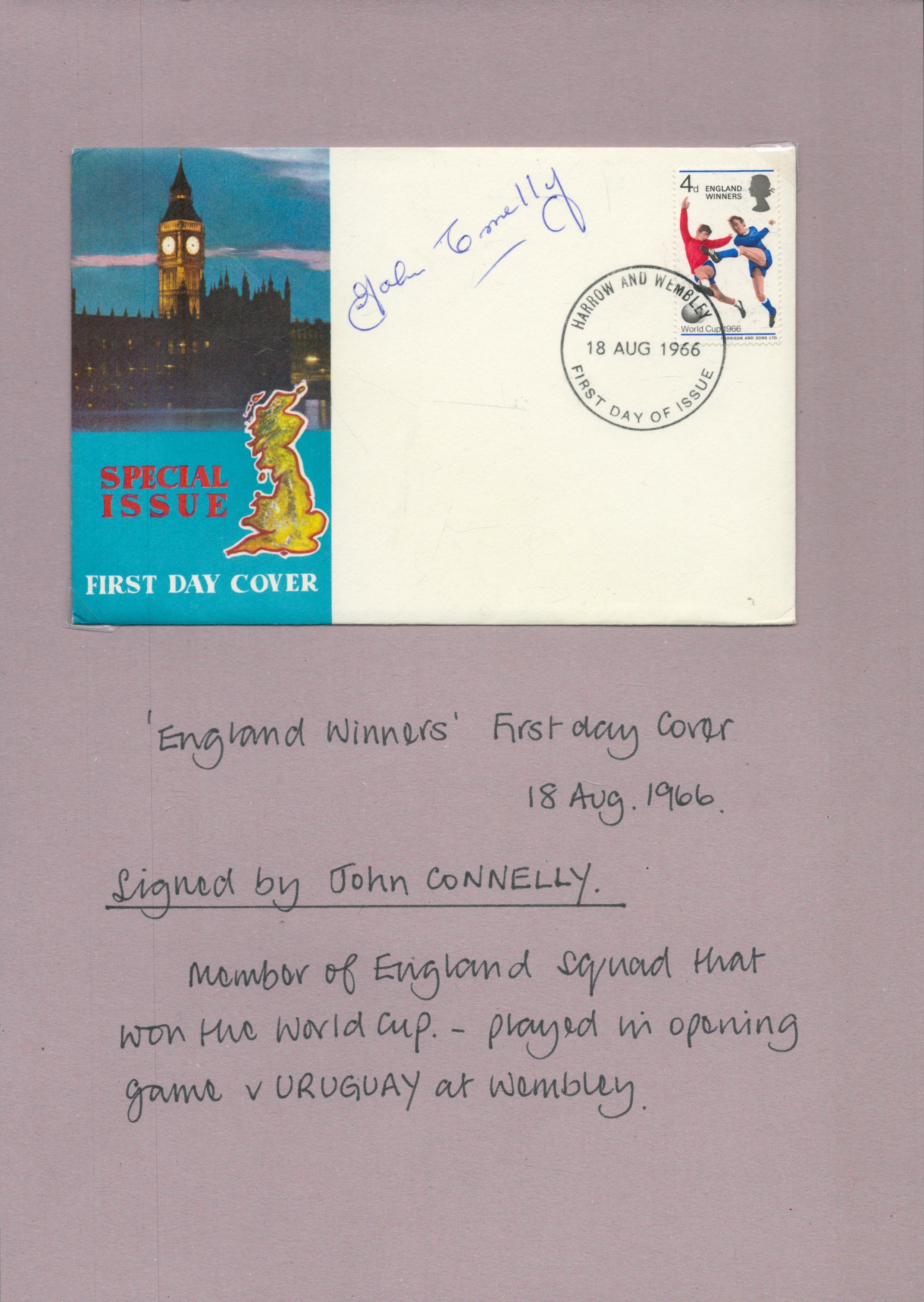 John Connelly signed Special Issue FDC 18th August 1966 with world cup stamp. Attached to A4 Sheet