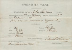 Chief Constable signed Manchester Police Certificate dated 1884, Certificate of service. Good