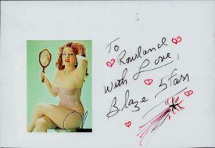 Blaze Starr signed Card with colour picture on it 5x3.5 Inch. Was an American stripper and burlesque