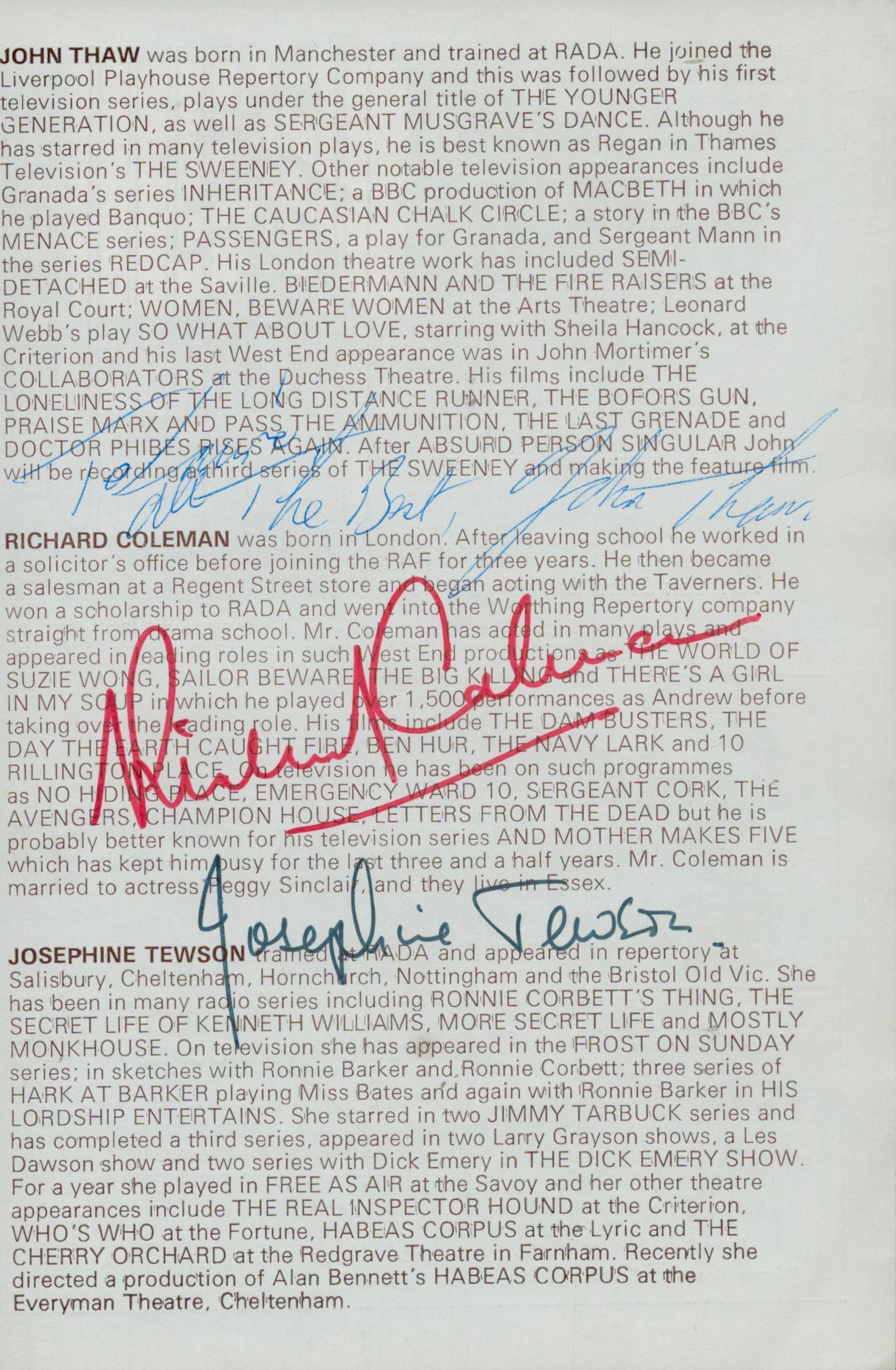 Multi signed John Thaw, Richard Coleman, Josephine Tewson Theatre Bio 8.25x5.5 Inch. Good Condition.