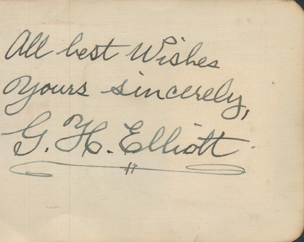 G H Elliott clipped signature. Good Condition. All autographs come with a Certificate of