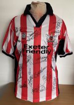 Exeter City multi signed 1999-2000 football replica shirt. Signatures such as Jon Gittens, Graham