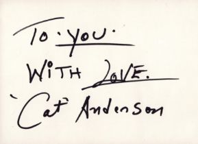 Cat Anderson signed 6x4 white card with Wikipedia information page. Good Condition. All autographs