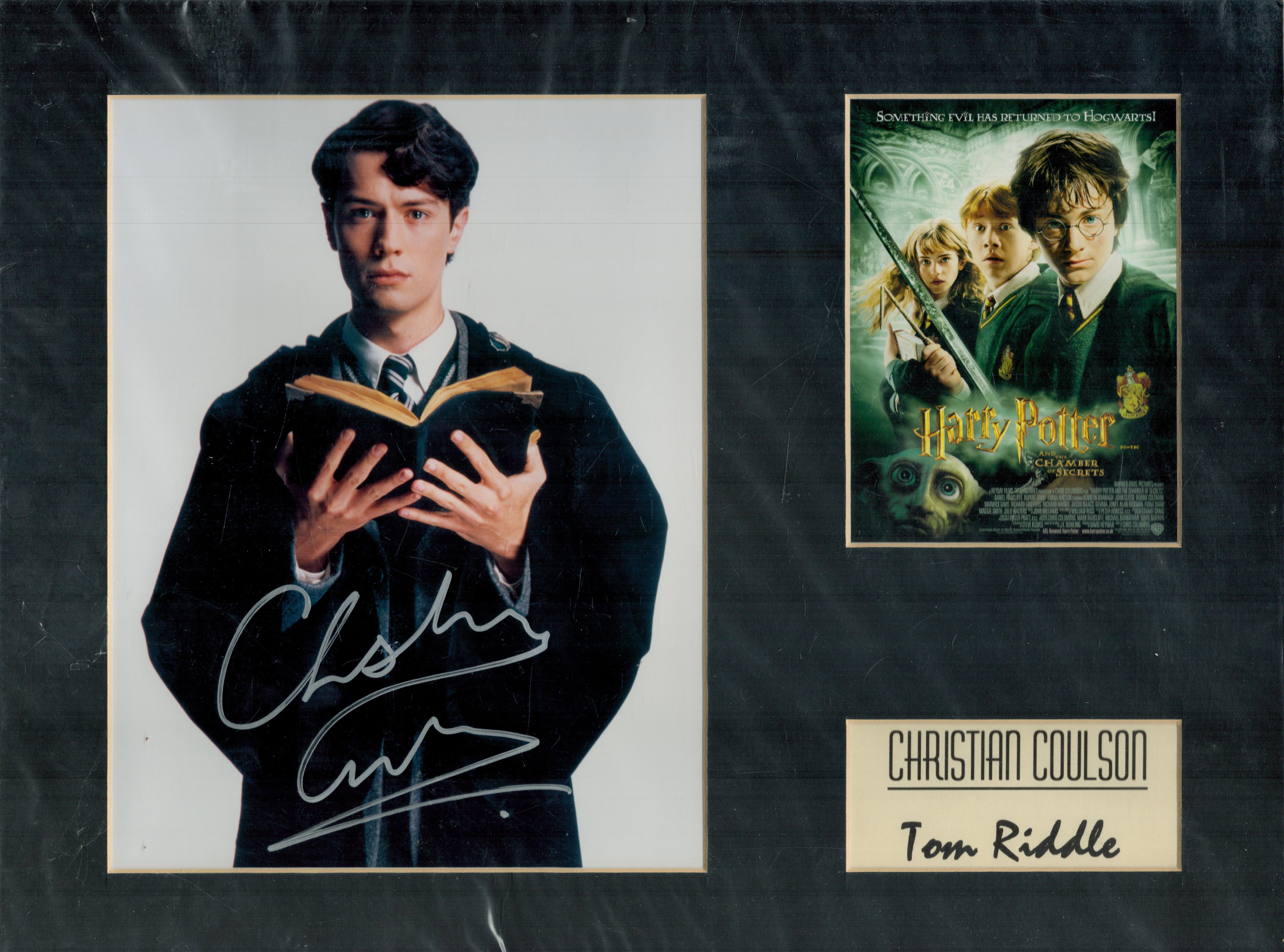 Christian Coulson mounted signature piece with signed colour photo, Tom Riddle name card and Harry