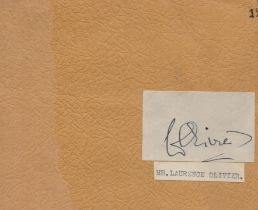 Laurence Olivier, OM signed small signature piece Approx. 2.5x1.5 Inch fixed onto Beige paper
