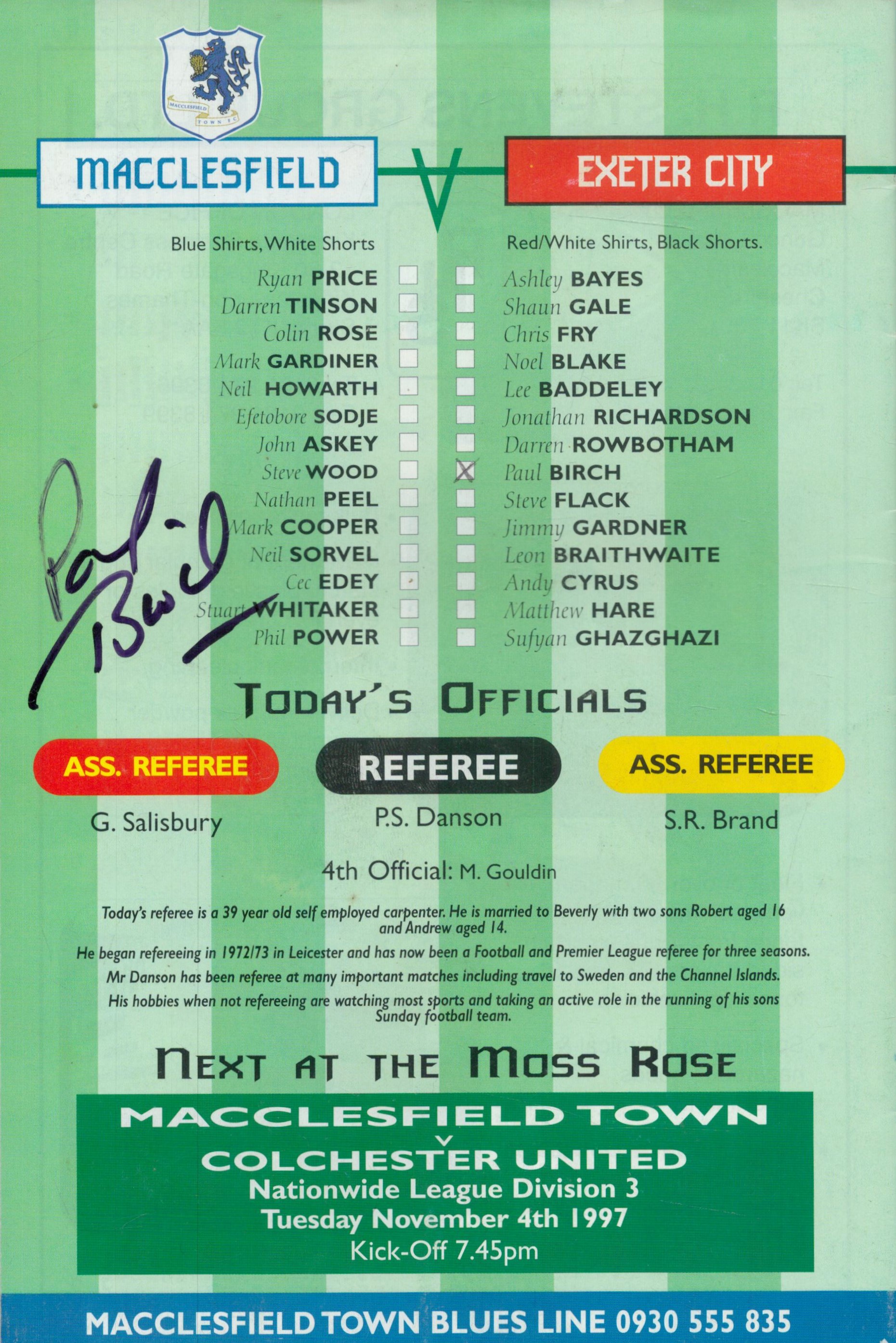 Macclesfield V Exeter City 1997 multi signed programme. Signed by Alan Ball, Sammy Mcilroy, Peter - Image 2 of 2