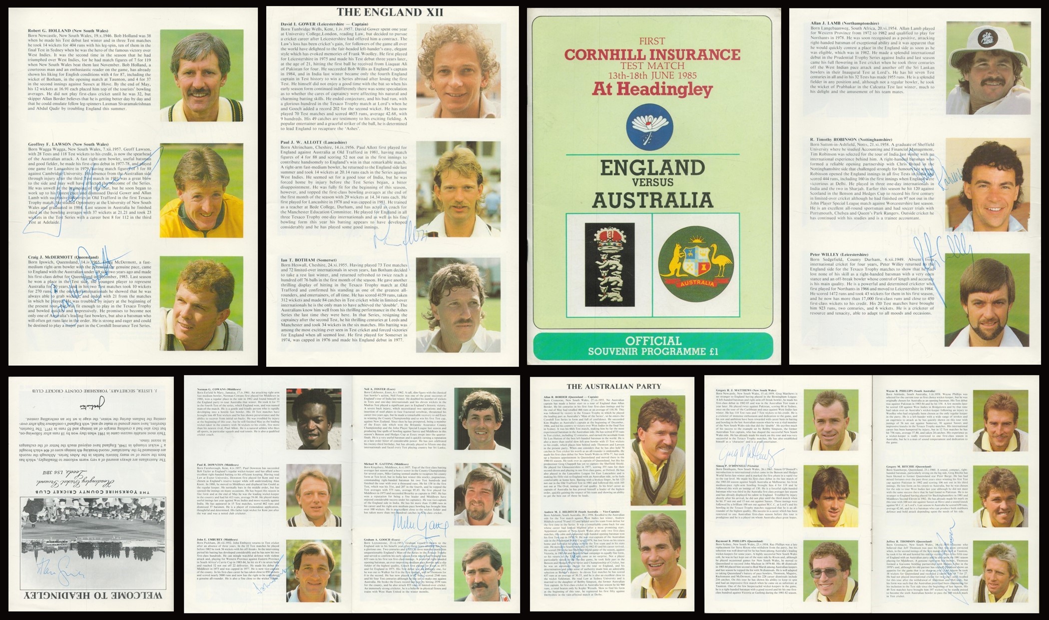 Cricket England v Australia 1985 Headingly test match multi signed vintage programme includes