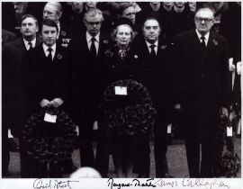 Margaret Thatcher, James Callaghan and David Steel multi signed 10x8 inch black and white photo.