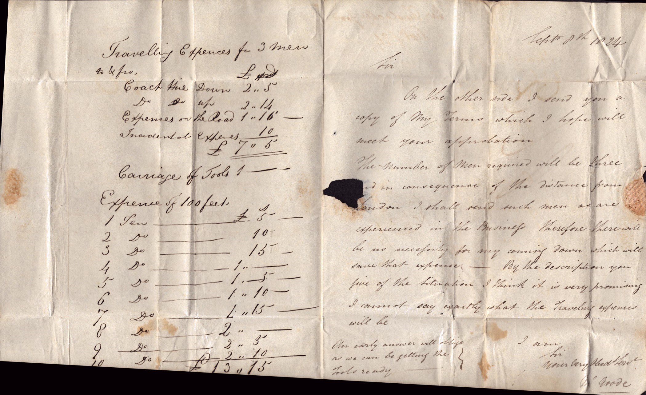 Handwritten Early Letters from 1824 about Details of Well Digging. Good Condition. All autographs - Image 2 of 2