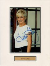 Linda Gray signed 10 x 8 inch colour photo, mounted with named plaque. Mount measures 14 x 10. 5