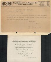 President Calvin Coolidge telegram and invitation. 1926. UNSIGNED. Good Condition. All autographs
