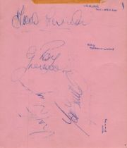 6 signatures on a vintage pink autograph album page. Signed by Tom Finney, Bobby Kerr, Ian